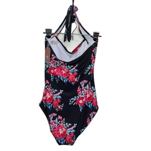 Smismivo Womens One-Piece Swimsuit Floral Print Halter Neck XXL Black & Red Nylo - Picture 3 of 11